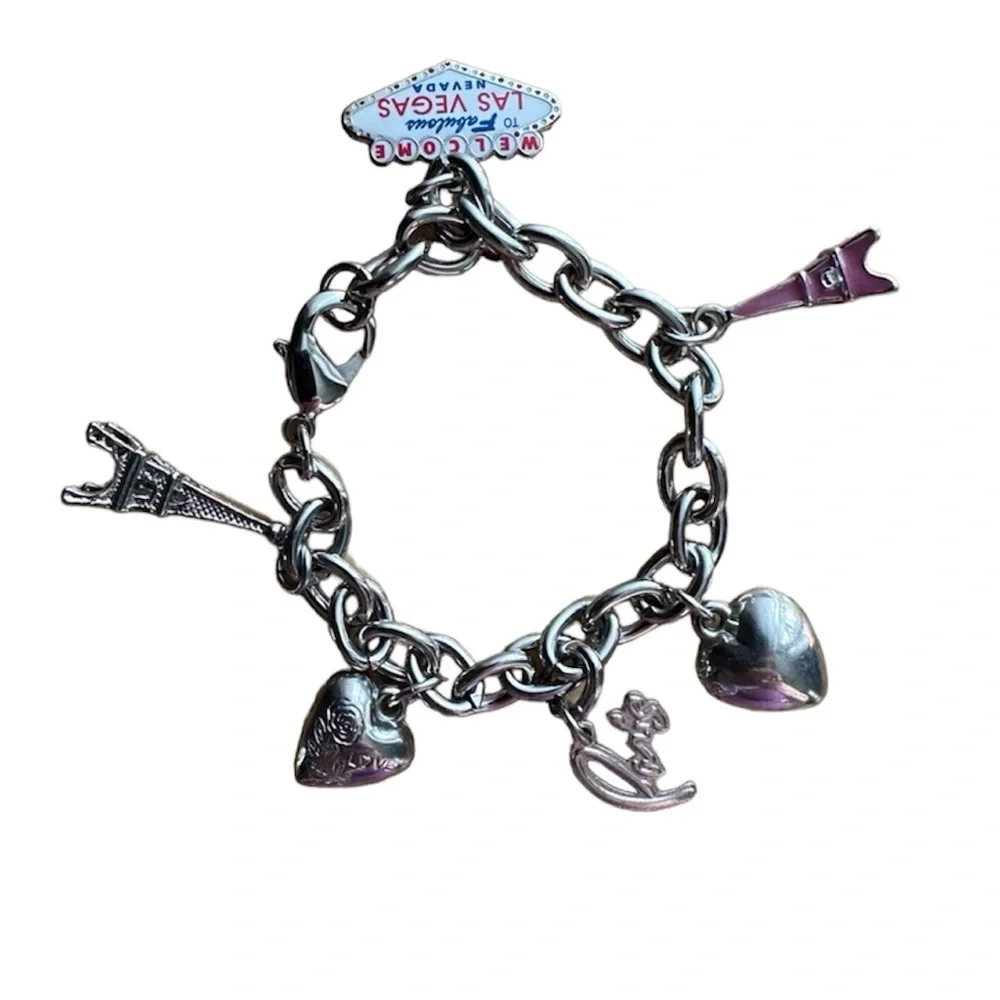 Silver and Enamel Travel Charm Bracelet Vegas Eiffel Tower Paris Puffy Hearts